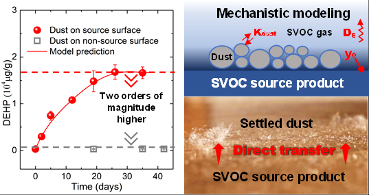 DEHP accumulation in dust on a source surface versus a non-source surface, with a schematic of direct transfer from the source product to settled dust